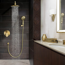 将图片加载到图库查看器，Shower System, Wall Mounted Shower Faucet Set for Bathroom with High Pressure 8&quot; Rain Shower head and 3-Setting Handheld Shower Head Set, Pressure Balance Valve with Trim and Diverter, Brushed Gold
