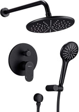 将图片加载到图库查看器，Shower System, Wall Mounted Shower Faucet Set for Bathroom with High Pressure 9&quot; Rain Shower head and 3-Setting Handheld Shower Head Set, Pressure Balance Valve with Trim and Diverter, Matte Black
