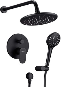 Shower System, Wall Mounted Shower Faucet Set for Bathroom with High Pressure 9" Rain Shower head and 3-Setting Handheld Shower Head Set, Pressure Balance Valve with Trim and Diverter, Matte Black