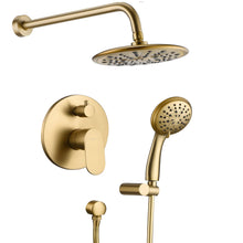 将图片加载到图库查看器，Shower System, Wall Mounted Shower Faucet Set for Bathroom with High Pressure 8&quot; Rain Shower head and 3-Setting Handheld Shower Head Set, Pressure Balance Valve with Trim and Diverter, Brushed Gold
