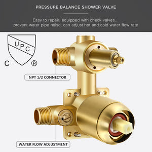 Shower System, Wall Mounted Shower Faucet Set for Bathroom with High Pressure 8" Rain Shower head and 3-Setting Handheld Shower Head Set, Pressure Balance Valve with Trim and Diverter, Brushed Gold